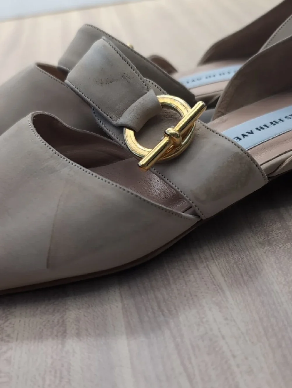 Saks Fifth Avenue Taupe Leather Pointed Flats with Gold Buckle
